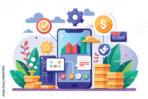A vibrant display of app illustrations highlighting monetization elements and user engagement with various icons, Customizable app illustrations for monetization.