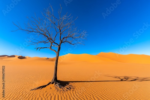 A lonely barren tree in the middle of a windswept desert, with sand dunes rising around it photo