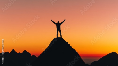 A silhouette of a person standing on a mountain peak with arms raised in victory backlit by a golden sunset The image conveys success achievement and triumph over challenges The background is expansiv