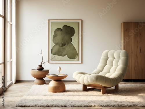 Simple minimalist interior living room with beige walls and abstract assymetric boucle chair in sage color photo