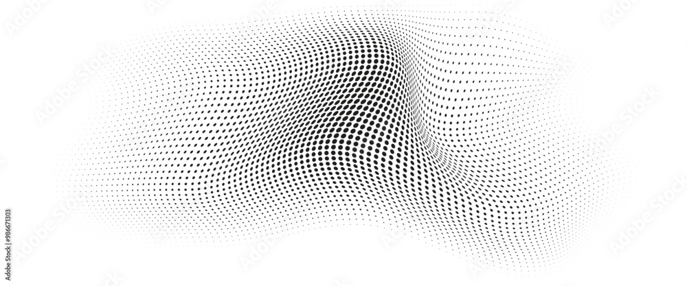 Flowing Wave Dot Halftone Pattern: Curve Gradient Shape on Transparent Background. Suitable for AI, Tech, Network, Digital, Science, and Technology Themes. Flowing Wave Dot Halftone Pattern: Curve Gradient Shape on Transparent Background. Suitable for AI, Tech, Network, Digital, Science, and Technology Themes.