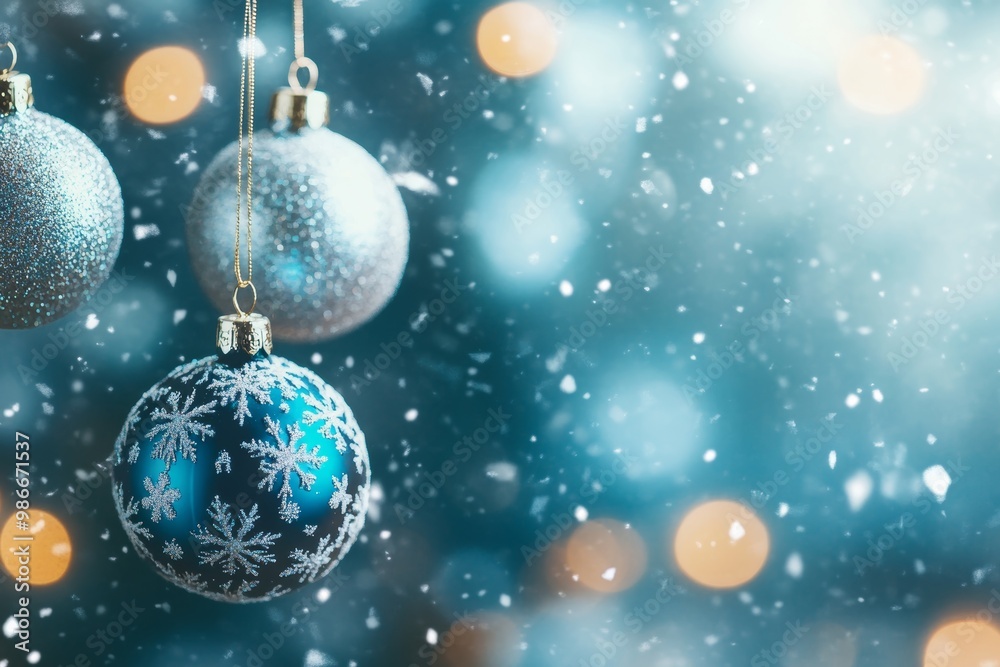 Festive new year background with snowflakes, bokeh lights, and christmas ornaments Festive new year background with snowflakes, bokeh lights, and christmas ornaments