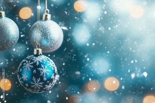 Festive new year background with snowflakes, bokeh lights, and christmas ornaments