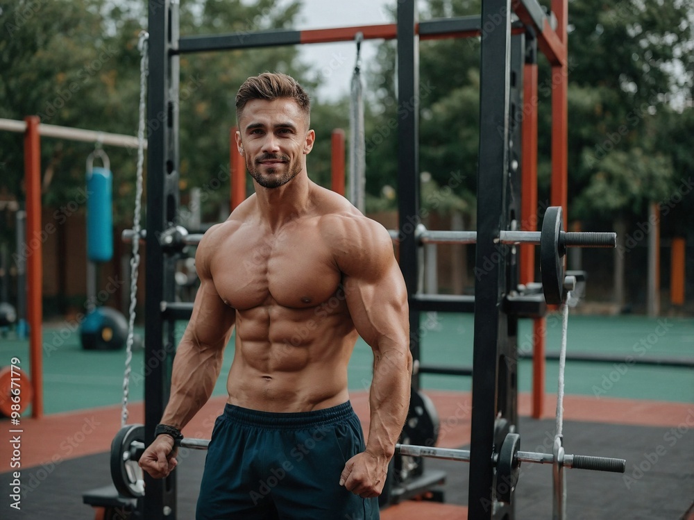 Athlete trains in an outdoor gym showcasing strength with a powerful workout routine against a green backdrop on a sunny day. Athlete trains in an outdoor gym showcasing strength with a powerful workout routine against a green backdrop on a sunny day.
