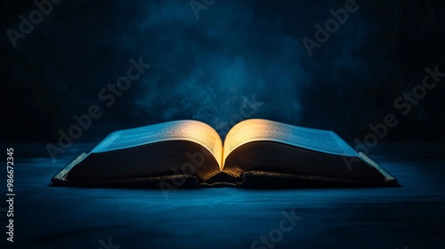 open book with glowing lights, magic fantasy book on blue background