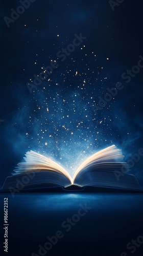 opening magic book with blue glitter lights, fantasy fairytale book