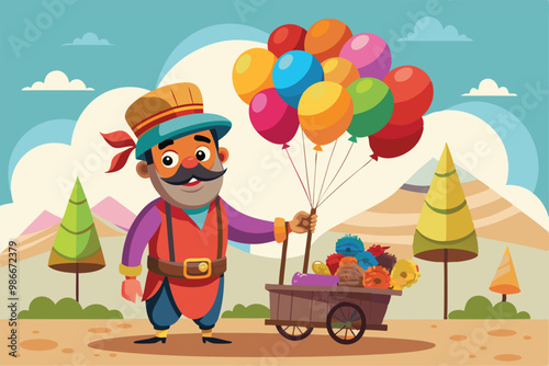 A customizable balloon seller stands proudly with his cart of bright balloons against a picturesque landscape, Customizable balloon seller with disproportionate illustration.