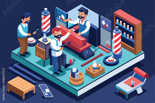 A colorful isometric barber shop scene with stylists cutting hair and using grooming tools effectively, Customizable barber illustration in isometric style.
