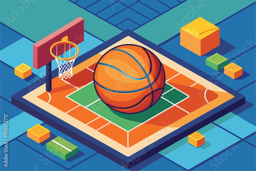 A vibrant isometric basketball court showcases a ball and varied geometric obstacles in a playful setting, Customizable basketball illustration in isometric style.