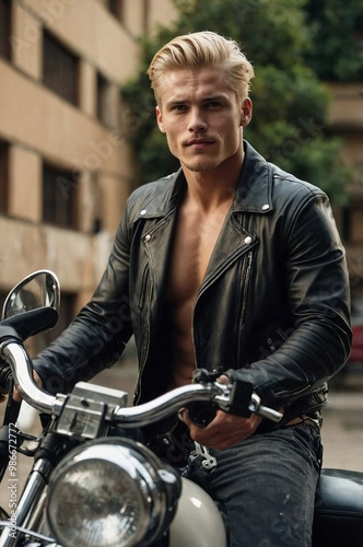 A blond biker in a leather jacket rides his motorcycle near urban buildings on a sunny day, showcasing his strong presence and style.