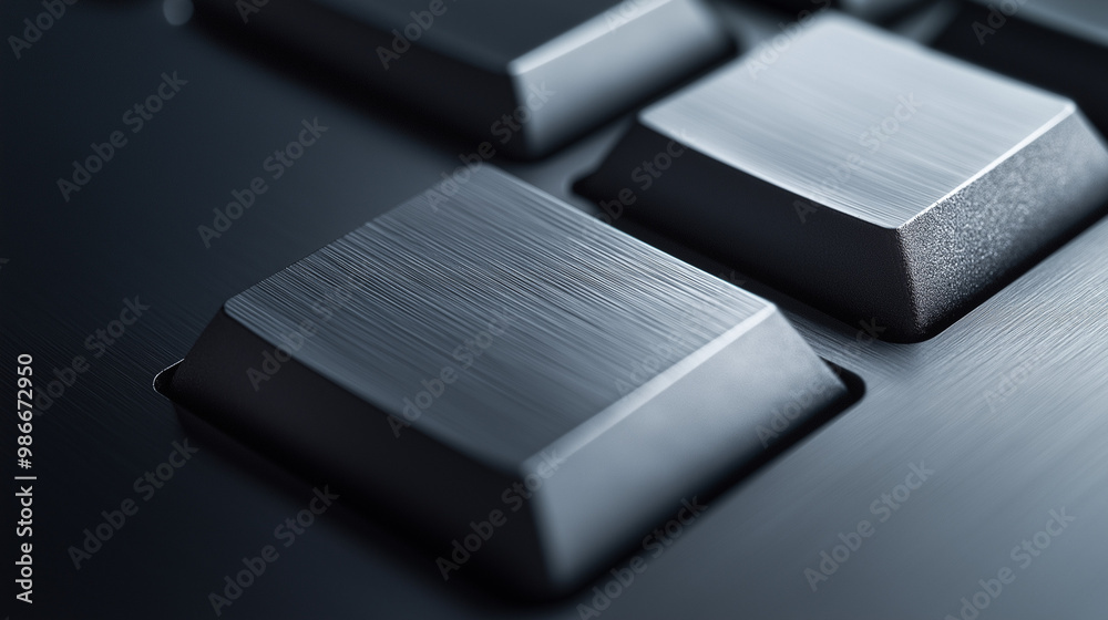 a close-up of an aluminum keyboard key, the matte metal surface subtly reflects nearby light, giving the key an elegant sheen, slight wear on the edges shows frequent use a close-up of an aluminum keyboard key, the matte metal surface subtly reflects nearby light, giving the key an elegant sheen, slight wear on the edges shows frequent use