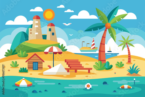 A vibrant beach setting showcases palm trees, a sunlit sky, and fun activities near the water, Customizable beach illustration with disproportionate elements.