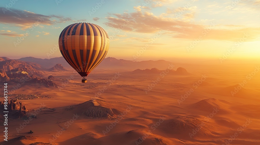 A sunrise hot air balloon ride over a vast desert landscape, capturing the essence of an exotic adventure travel tour. A sunrise hot air balloon ride over a vast desert landscape, capturing the essence of an exotic adventure travel tour.