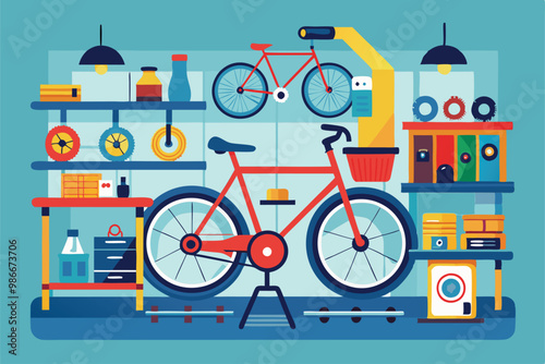 A colorful workshop filled with various bicycle parts, tools, and a customizable bike in focus, Customizable bicycle workshop with disproportionate illustration.