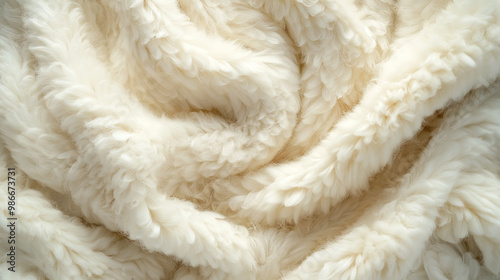 a meticulously styled close-up of a ivory fleece fabric, emphasizing its luxurious softness and fluffy texture, the carefully arranged fibers create an elegant, inviting atmosphere photo