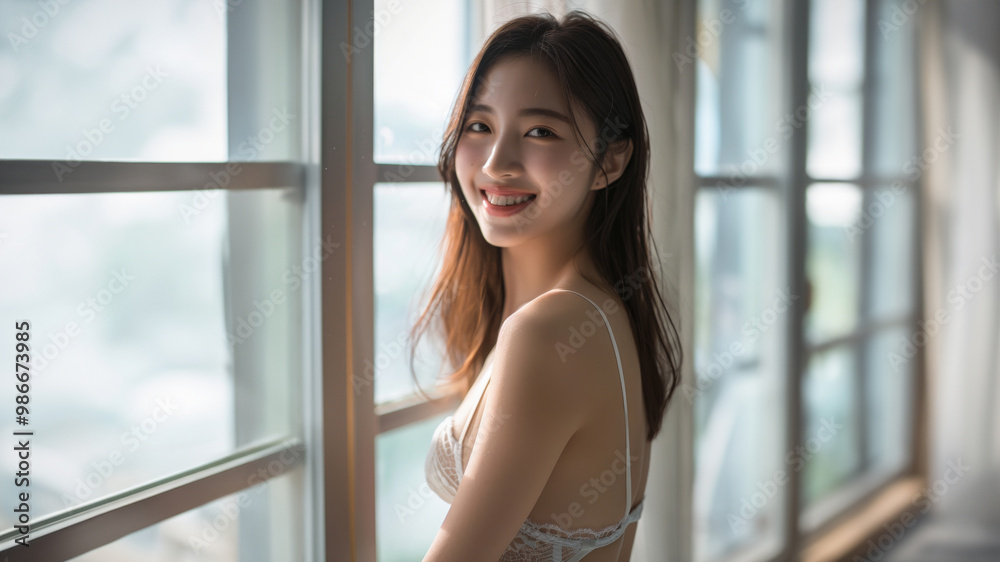 A young woman with a radiant smile poses confidently in a white bikini top. Her carefree expression and flowing hair exude a sense of joy and freedom. A young woman with a radiant smile poses confidently in a white bikini top. Her carefree expression and flowing hair exude a sense of joy and freedom.
