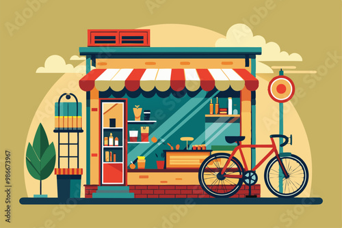 A vibrant bike shop displays creative illustrations and offers customization services, inviting cyclists in, Customizable bike shop with unique illustrations.
