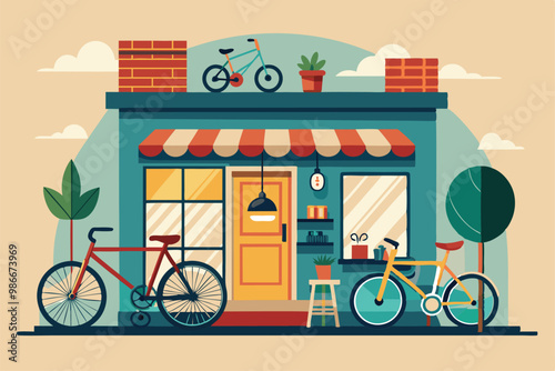 A vibrant bike shop showcases colorful bicycles and imaginative designs outside its inviting entrance, Customizable bike shop with unique illustrations.