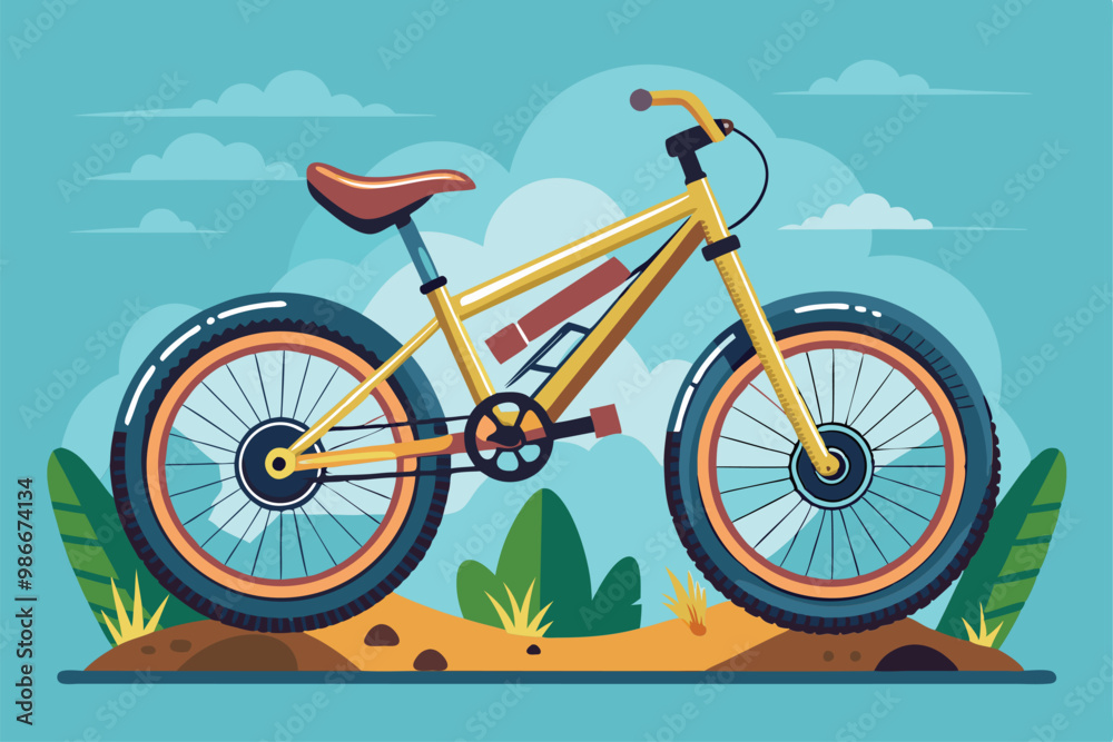 Fototapeta premium A bright bike stands against a lively backdrop of hills and plants, inviting outdoor exploration and fun, Customizable bike trial illustration with disproportionate features.