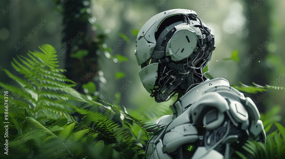 robot in the botanical garden, concept of robotic farmers and automatic growing of food vegetables robot in the botanical garden, concept of robotic farmers and automatic growing of food vegetables