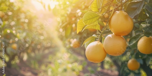 Mature yellow grapefruit suspended from a branch in a lively citrus grove. photo