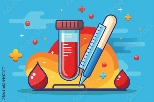 A colorful illustration shows a test tube filled with blood next to a syringe, representing customizable blood tests, Customizable blood test illustration.