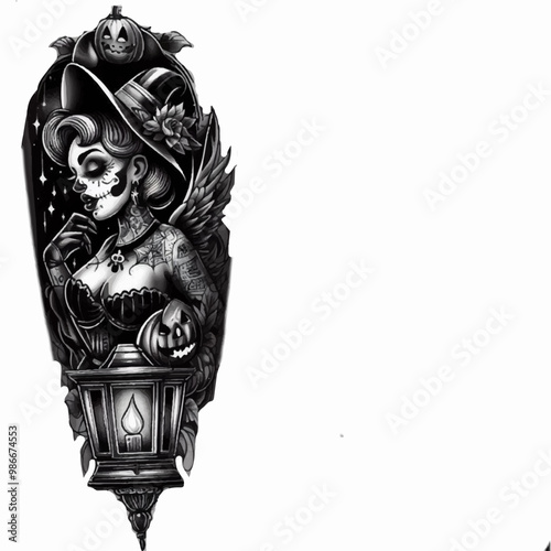 pinup girl at night with lantern halloween tattoo