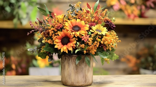 A stunning autumn floral arrangement featuring a mix of sunflowers, chrysanthemums, and fall foliage, displayed in a rustic vase.