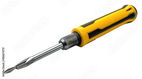 Close up view of a professional grade heavy duty steel screwdriver with a yellow and black grip The tool is isolated on a clean white background