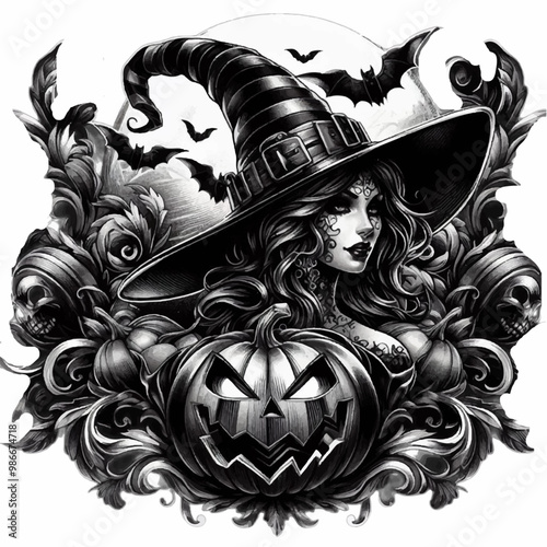 witch with witch hat, pumpkin and full moon with bats halloween tattoo
