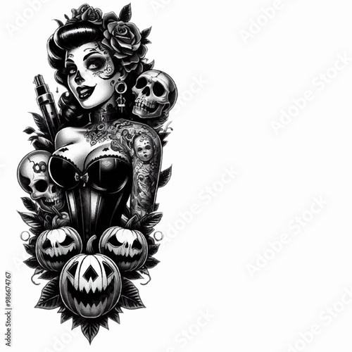 sexy pinup girl with pumpkins and skulls halloween tattoo