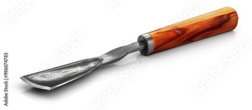 A close up image of a sharp woodworking chisel with a vibrant orange wooden handle designed for precision carpentry DIY projects and various woodworking and metalworking applications photo