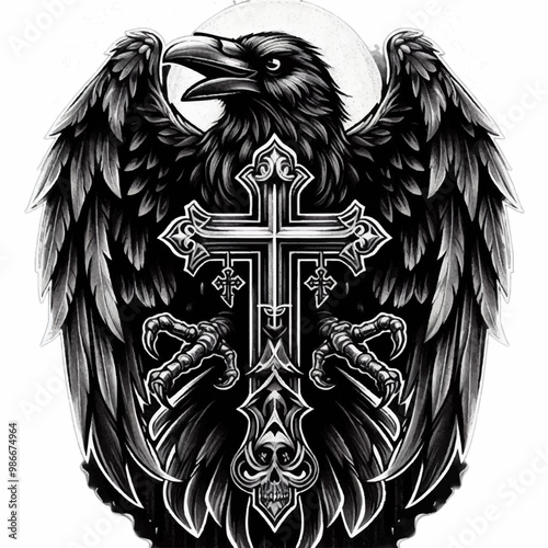 black raven holding a cross halloween tattoo