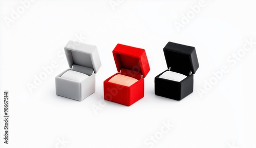 Elegant jewelry ring boxes in gray, red, and black, arranged on a white background. Perfect for showcasing engagement rings or luxury gifts. Jewelry display, gift packaging, luxury concept.boxe 