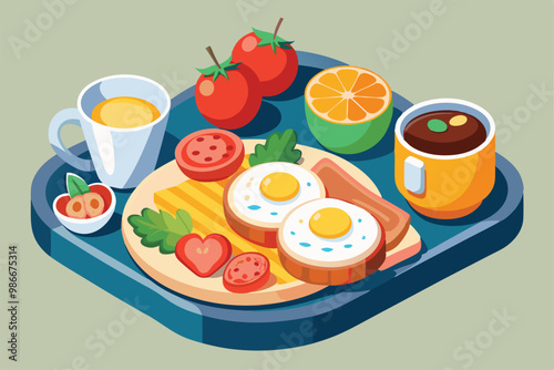 Bright and colorful breakfast illustration with eggs, toast, fresh fruits, and beverages displayed on a tray, Customizable breakfast food illustration in a semi-flat style.