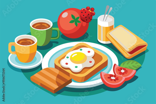 A vibrant breakfast display includes toast with an egg, coffee, fresh vegetables, and a refreshing drink, Customizable breakfast food illustration