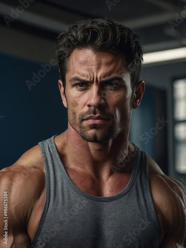 A muscular man in a sleeveless gray shirt gazes intensely while standing in a well-lit gym environment during the daytime.