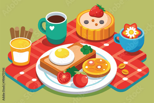 A delightful breakfast layout showcasing eggs, fruits, pastries, and drinks on a colorful picnic blanket, Customizable breakfast illustration