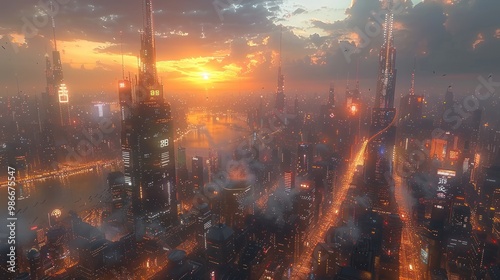 Futuristic Cityscape at Sunset