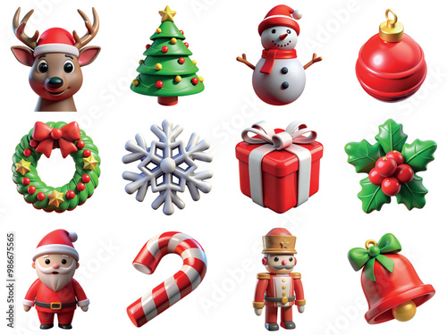 Collection of different christmas 3d icons including snowman, santa, nutcracker, gift box, mistletoe, christmas tree