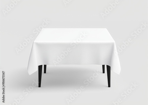 Minimalist square table with a white tablecloth on a light background. Perfect for dining room mockups, event setups, and restaurant presentations. Table setting concept, dining decor
