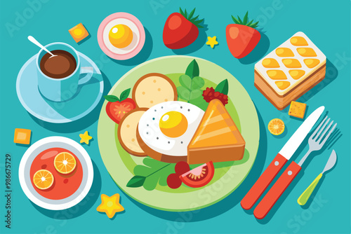 This colorful brunch includes eggs, toast, strawberries, and pastries, perfect for a delightful morning meal, Customizable brunch food with semi-flat illustration.
