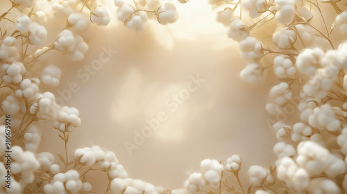 cotton flowers: a loose frame made from fluffy cotton flowers, gently placed around a soft beige background, the white, cloud-like fibers create a pure and natural feel