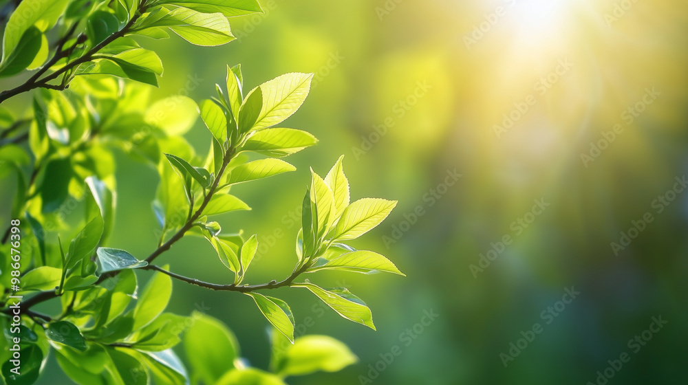 Branch with Fresh Green Foliage, Soft Sunlight, Spring Nature Close-Up Branch with Fresh Green Foliage, Soft Sunlight, Spring Nature Close-Up