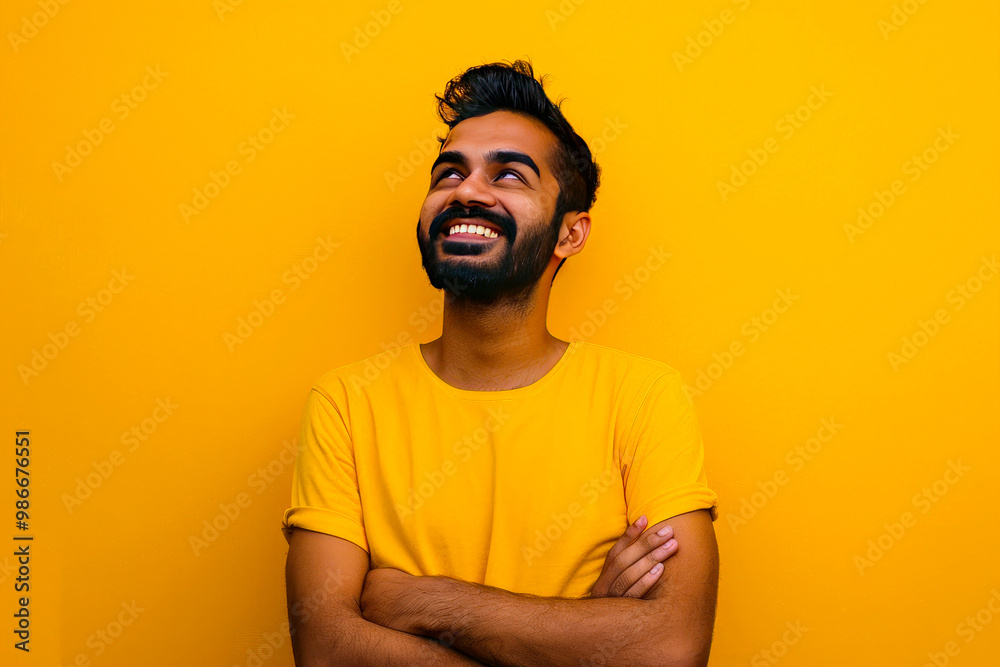 Happy joyful smiling young indian man looking aside up thinking of new good opportunities, dreaming, feeling inspired and proud standing isolated on yellow background. Portrait Happy joyful smiling young indian man looking aside up thinking of new good opportunities, dreaming, feeling inspired and proud standing isolated on yellow background. Portrait