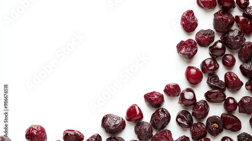 dried cherries: a frame made from dried cherries, scattered vibrantly over a soft white background, the deep red hues of the cherries create a bold, rich texture