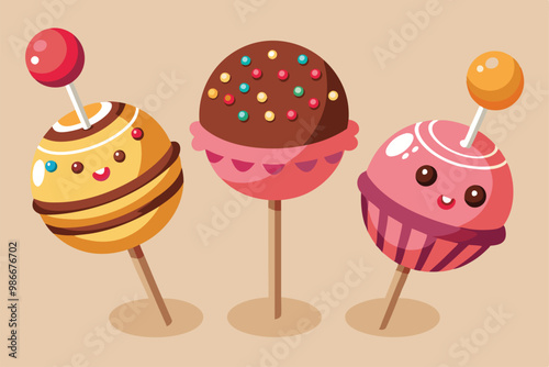 These delightful cake pops feature playful designs, perfect for parties and events with a fun theme, Customizable cake pops with disproportionate illustrations.
