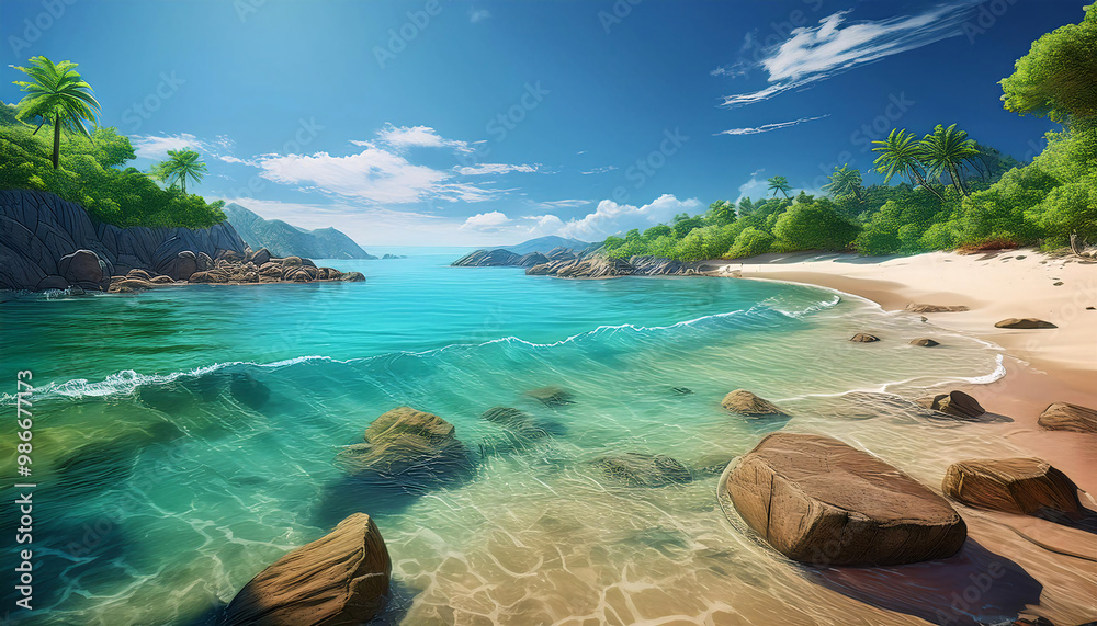 Obraz premium Tropical beach with clear waters and lush greenery under a blue sky