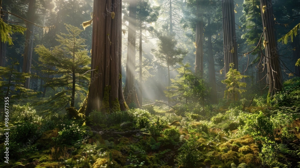 Majestic redwoods towering in a fog-lit forest, with rays of sunlight piercing through dense greenery. Prehistoric plants, prehistoric botanicals concept. Majestic redwoods towering in a fog-lit forest, with rays of sunlight piercing through dense greenery. Prehistoric plants, prehistoric botanicals concept.