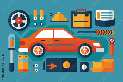 A selection of car accessories and tools showcased alongside a bright orange sedan design for customization, Customizable car accessories with semi-flat illustrations.